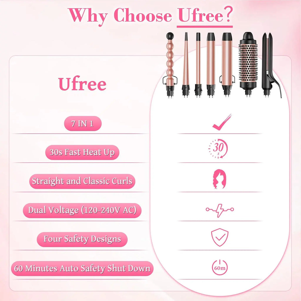 Ufree 7-In-1 Curling Iron Set with Interchangeable Ceramic Barrels, Curling Wand Set with Thermal Brush, Hair Straightener and Wand Curling Iron, Versatile Styling Hair Curlers Set, Gifts for Women