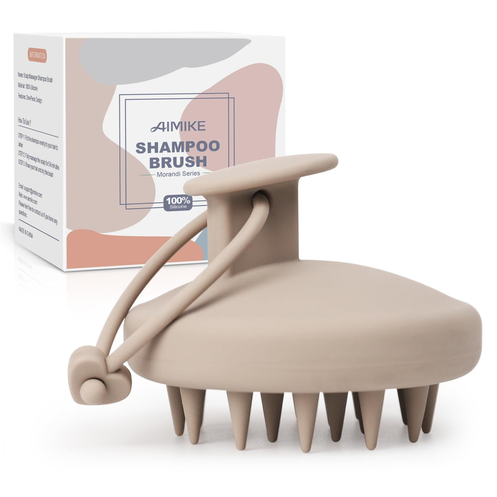 AIMIKE Scalp Massager Shampoo Brush 100% Soft Silicone Scalp Scrubber Scalp Exfoliator Brush for Dandruff Removal Scalp Massager for Hair Growth Wet Dry Hair Massager Shampoo Brush Khaki