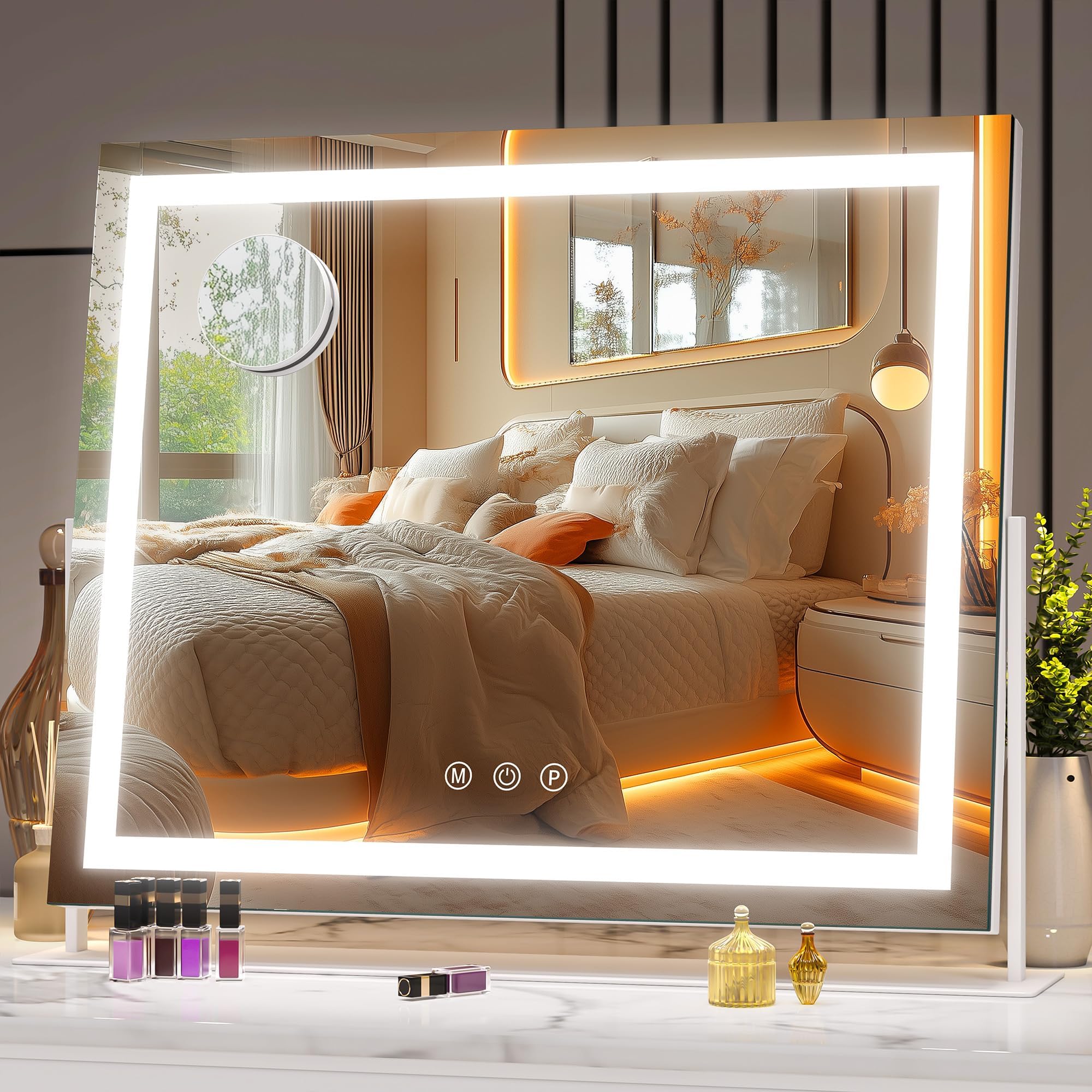 Large illuminated mirror reflecting a bedroom with a bed and decor.